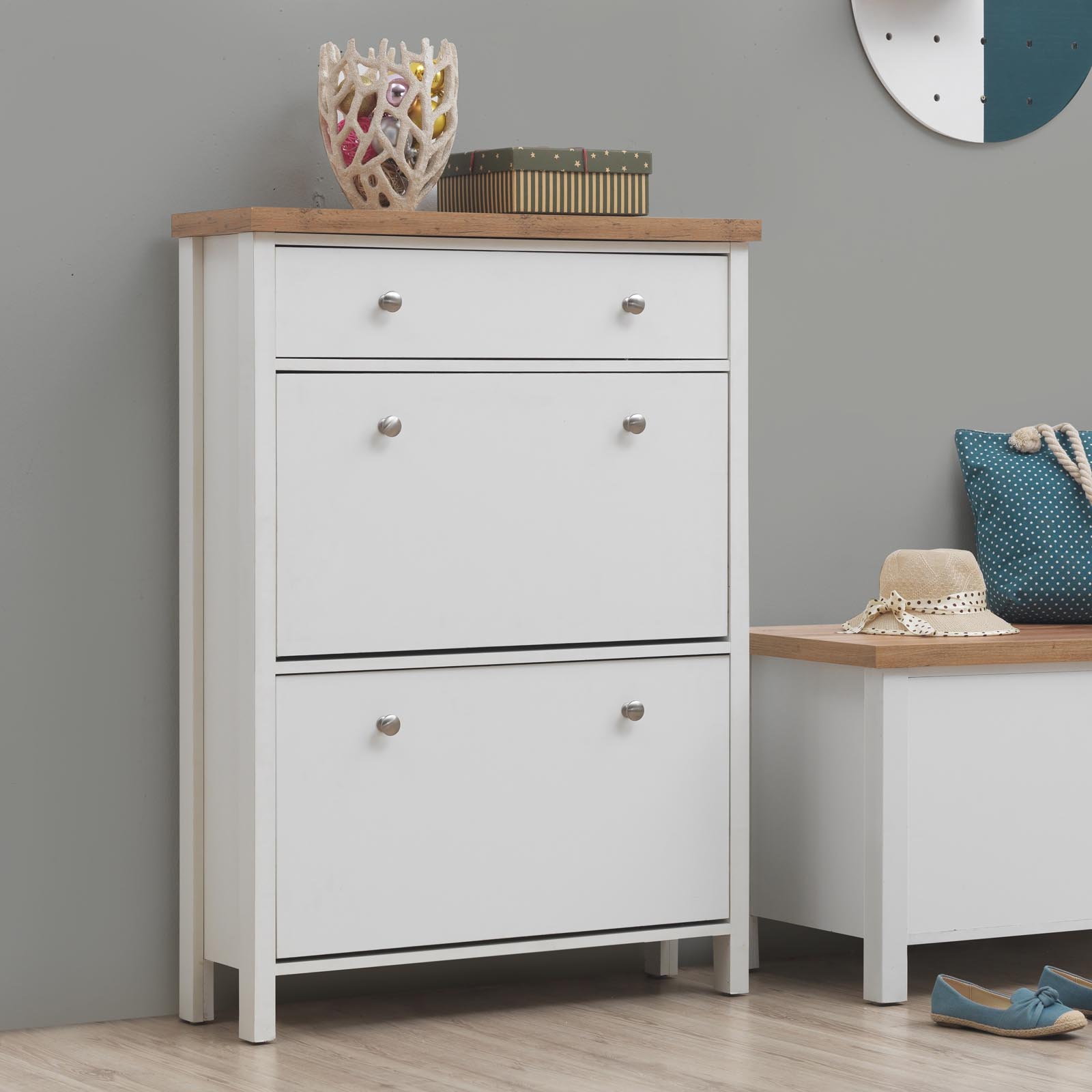 Astbury 3 Tier Shoe Cabinet in White and Oak - Home Supplier