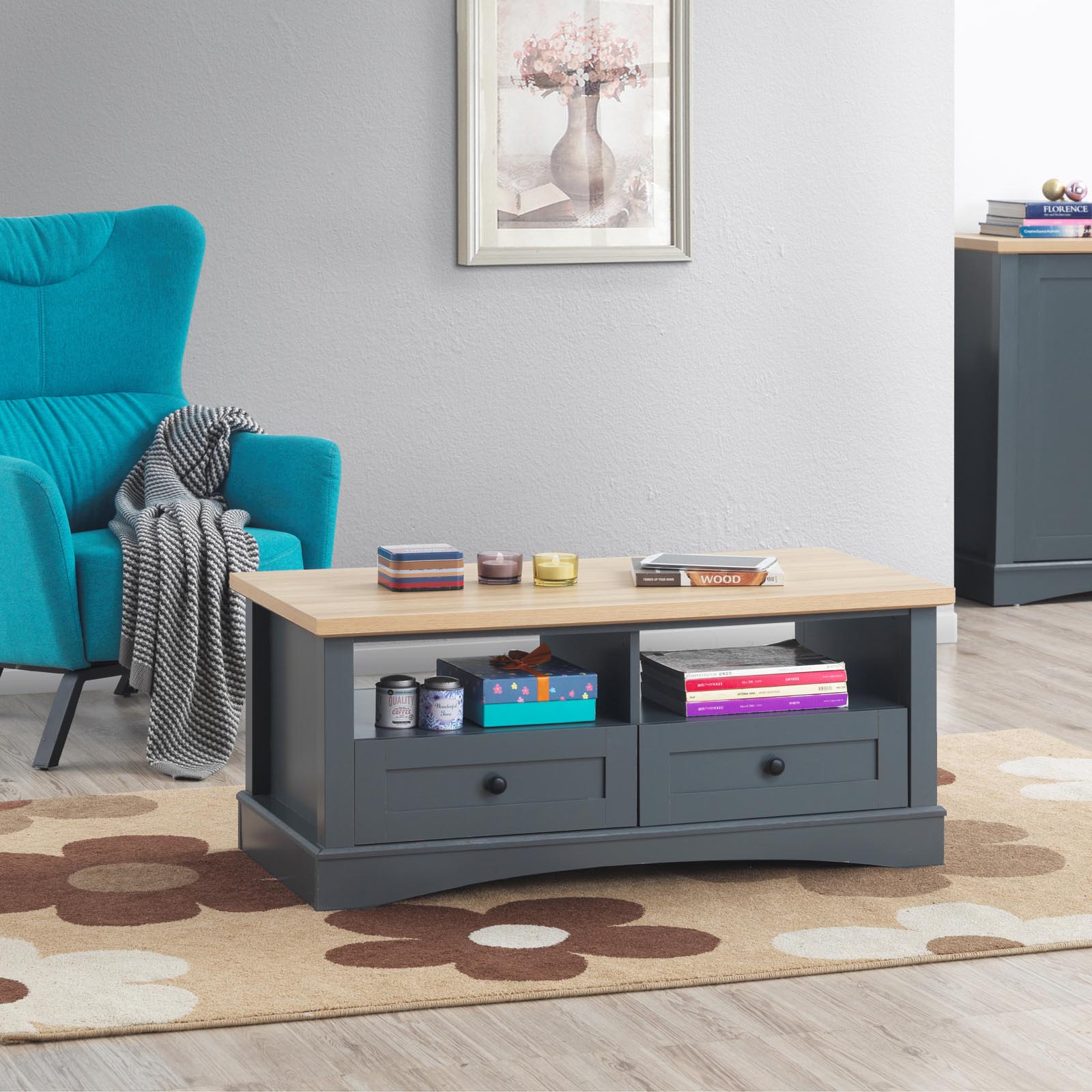Carden Coffee Table with 2 Drawers in Grey and Oak