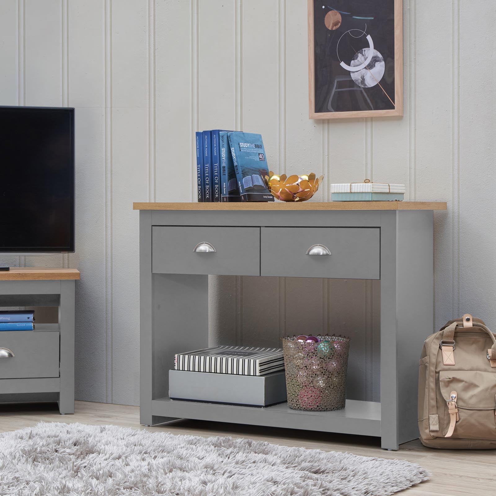 Lisbon 2 Drawer Console Table in Light Grey and Oak