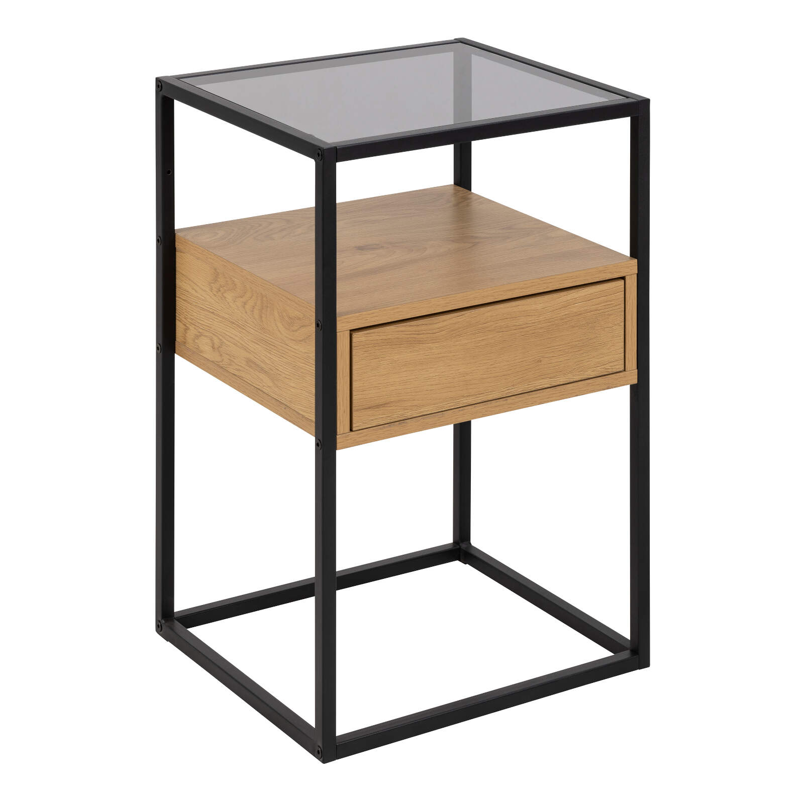 Randolf Square Bedside Table with 1 Drawer in Black and Oak