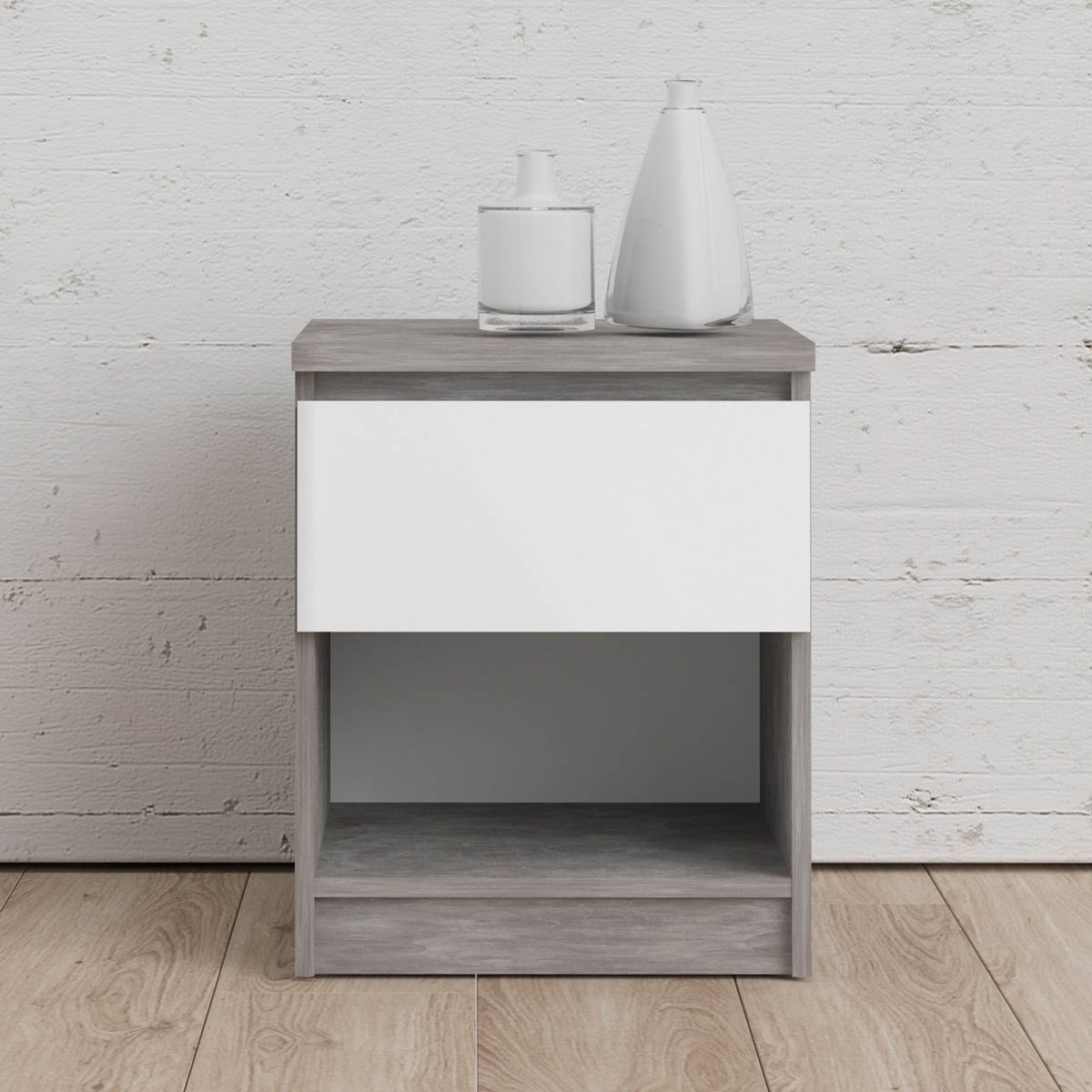 Naia Bedside - 1 Drawer 1 Shelf in Concrete and White High Gloss