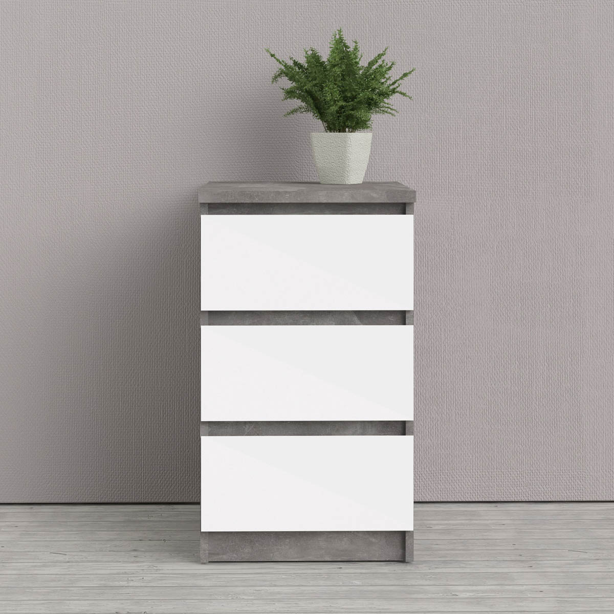 Naia Bedside - 3 Drawers in Concrete and White High Gloss