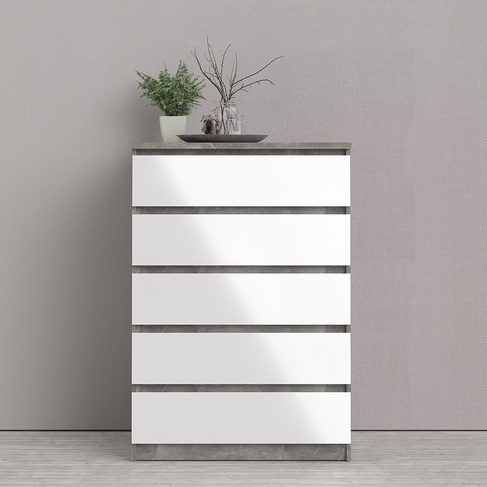 Naia Chest of 5 Drawers in Concrete and White High Gloss