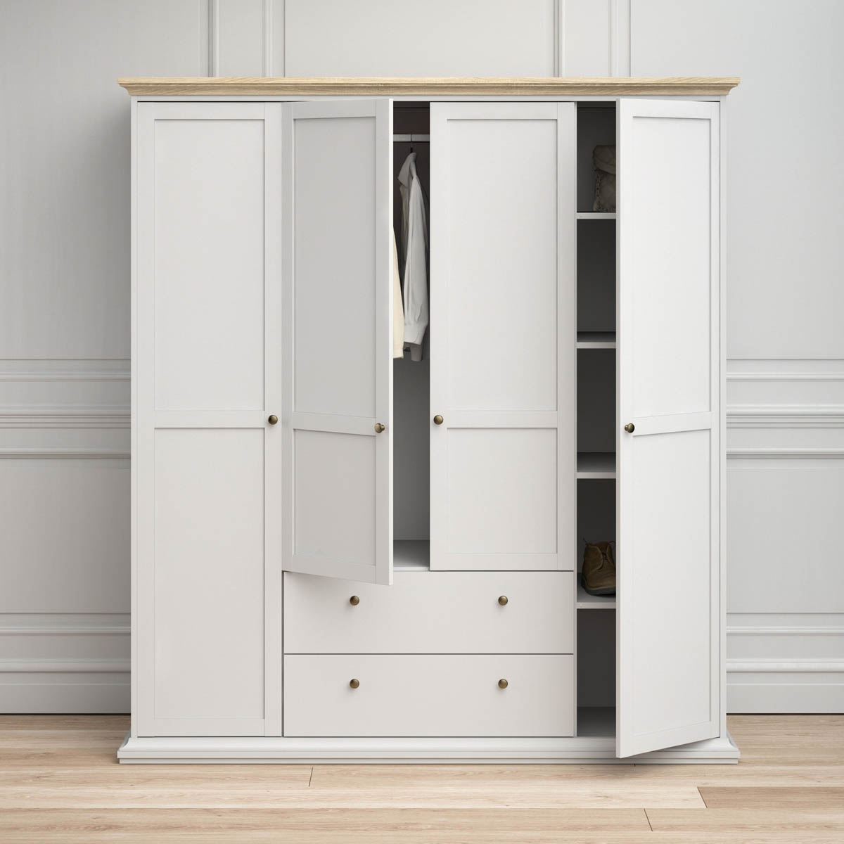 Paris Wardrobe with 4 Doors & 2 Drawers in White and Oak