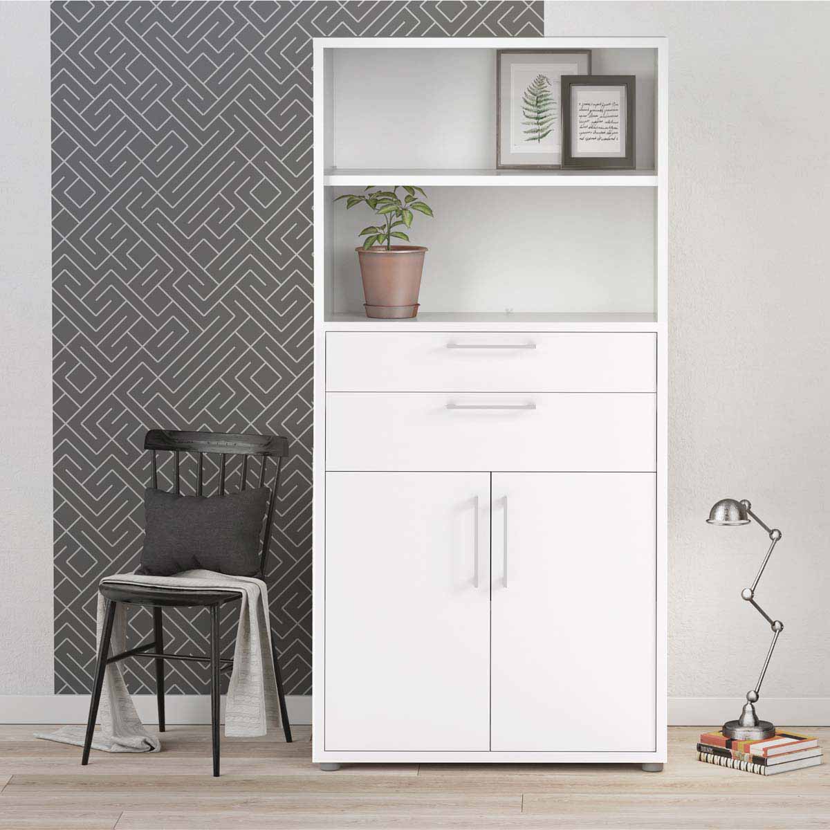 Prima Bookcase 4 Shelves with 2 Drawers and 2 Doors in White