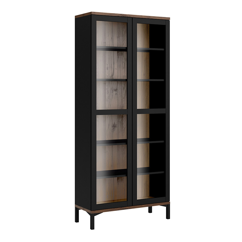 Roomers Display Cabinet Glazed 2 Doors Black and Walnut